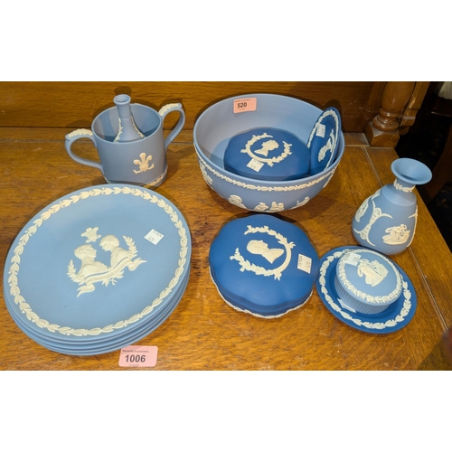 520 - Wedgwood blue Jasperware:- bowl, commemorative items and plates.