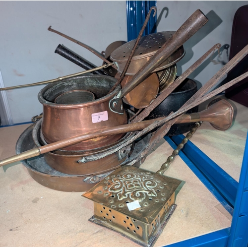 7 - A collection of copper cider measures, copper pots and brass etc.