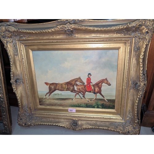 805 - Thomas Webb: oil on tin 'Bodmin Hall' female rider on horse with horse in tow, 31 x 39 cm, gilt fram... 