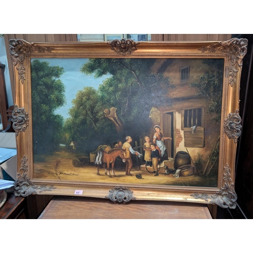 806 - R Boutibomie:-  A 20th century oil of a traditional scene, a huntsman selling rabbits, large gilt fr... 