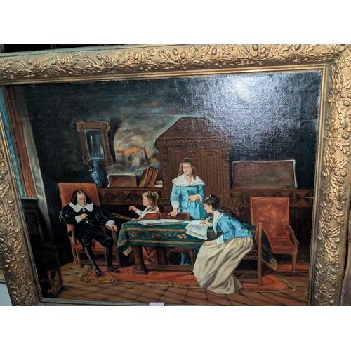 809 - Fournier, 20th century oil on canvas of an 18th century family scene, gilt frame, 55 x 68cm.