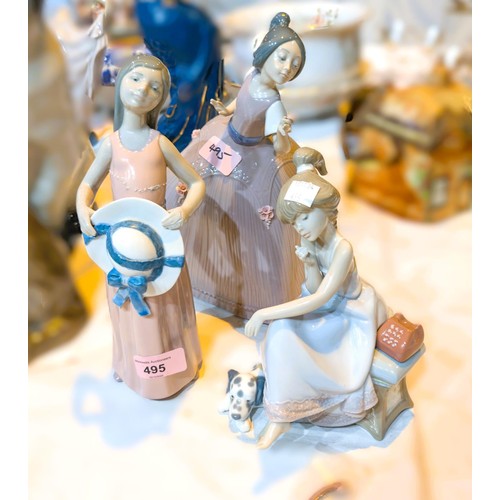 495 - Lladro: A-4 girl in large dress, girl seated on phone with dog (a.f) and another figure with summer ... 