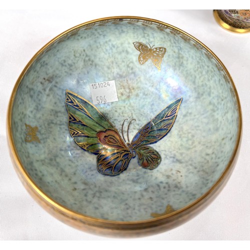 596 - Coalport: a two handled urn wih extensive giltwork and small highland lakescene, 20cm; a Wedgwood lu... 