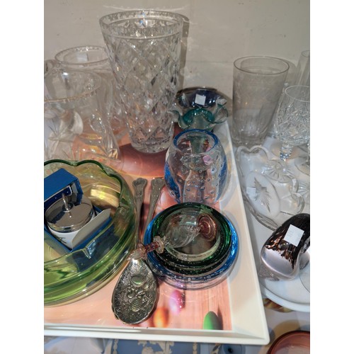 528 - Three pieces of Whitefriars style bubble glass and a selection of cut glass vases; 6 liqueur shot gl... 