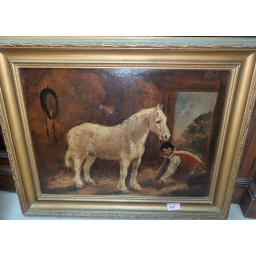 808 - A 19th century English school naive oil on board of a horse being shod, in gilt frame, 37 x 49cm