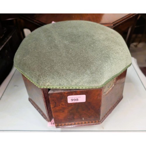 998 - An octagonal Burrwood and inlaid footstool with green velvet top with concealed hinged opening base.