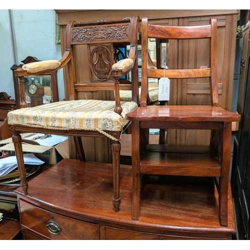 842B - An Edwardian carved mahogany armchair in gold fabric and library chair