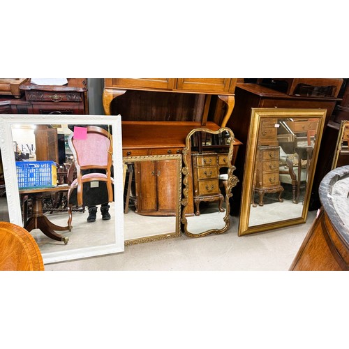 144 - Three gilt framed wall mirrors and a white framed mirror.