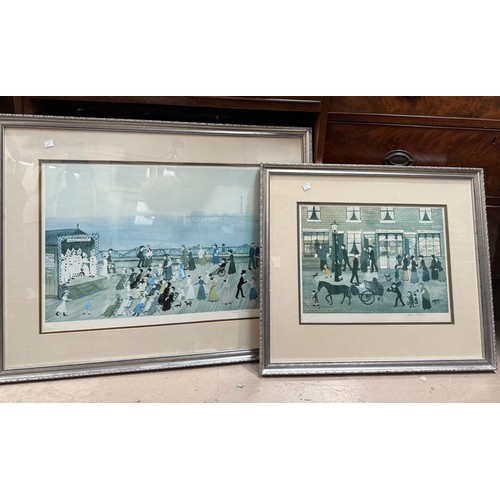 813A - Two Helen Bradley prints, framed and glazed, a street scene and a promenade scene