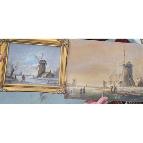 810 - A Dutch oil on board of Windmills; another oil and a print.