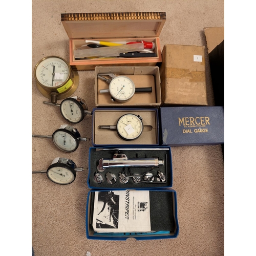 1 - A brass cased pressure gauge, five Mercer plunger dial gauges, two boxed and a Beugler pinstriping t... 