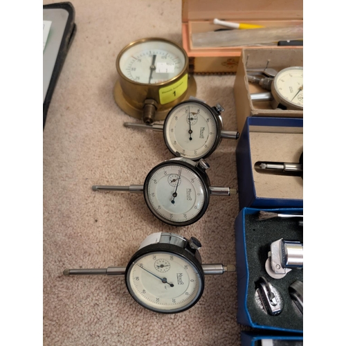 1 - A brass cased pressure gauge, five Mercer plunger dial gauges, two boxed and a Beugler pinstriping t... 