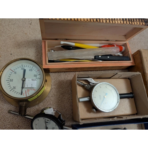 1 - A brass cased pressure gauge, five Mercer plunger dial gauges, two boxed and a Beugler pinstriping t... 