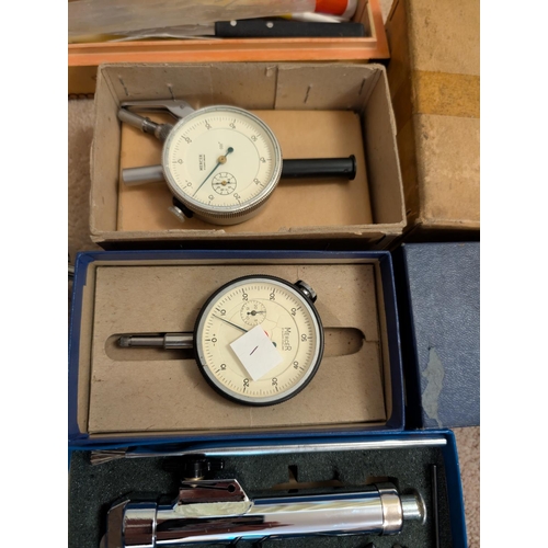 1 - A brass cased pressure gauge, five Mercer plunger dial gauges, two boxed and a Beugler pinstriping t... 