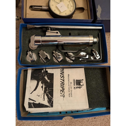 1 - A brass cased pressure gauge, five Mercer plunger dial gauges, two boxed and a Beugler pinstriping t... 