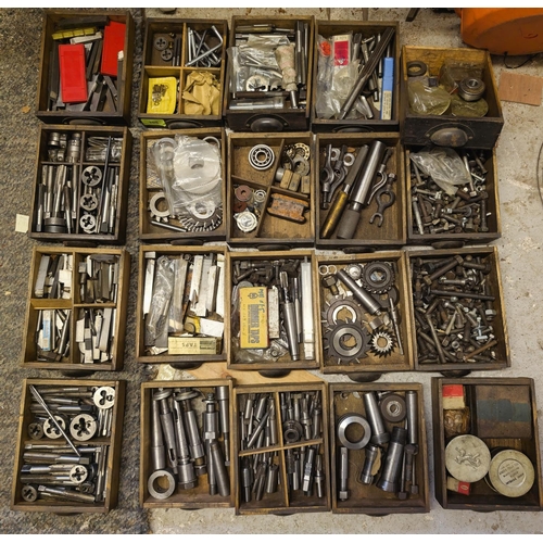 108 - A toolmakers cabinet with 20 drawers with taps and dies, nuts and bolts.