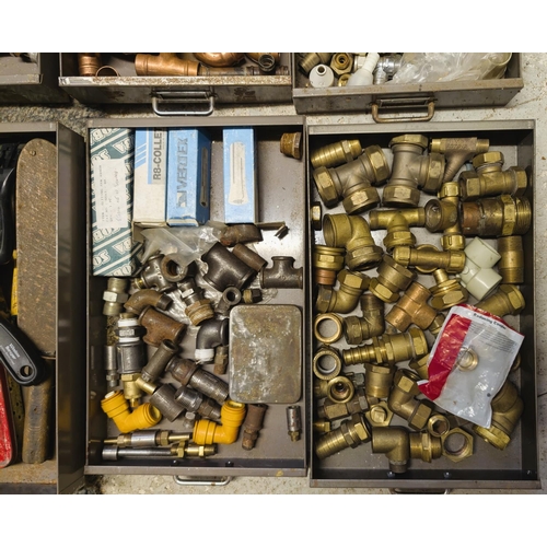 111 - A cabinet containing vintage taps, dies, chisels, files, Stanley knives etc (one drawer missing, one... 