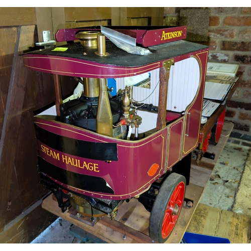 An Atkinson 3" scale steam haulage wagon in maroon livery with wooden flat bed, built 1998, with DVLA reistration certificate, it was road worthy, but boiler testing not current, MOT not required, plus associated ephemera of build diary, part details, plans etc