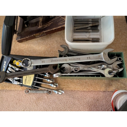 20 - Hand tools, a collection of various sized wrenches, threading tools, mitre etc.