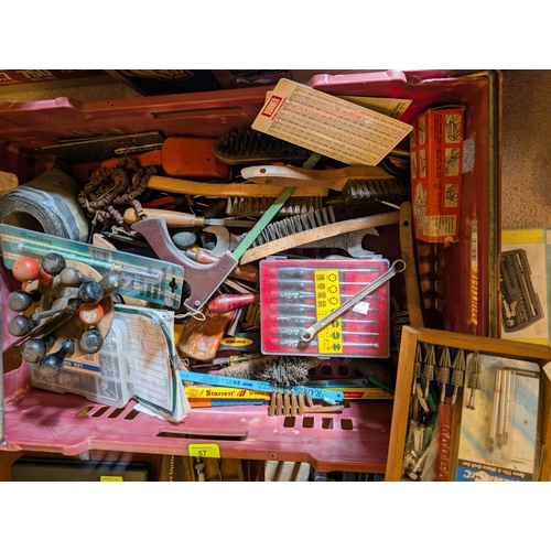 57 - A quantity of files, wire brushes, other hand tools etc.