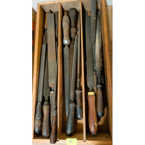 64 - A collection of vintage hand files with wooden handles, various makes, large sizes, 'Flat and rounde... 