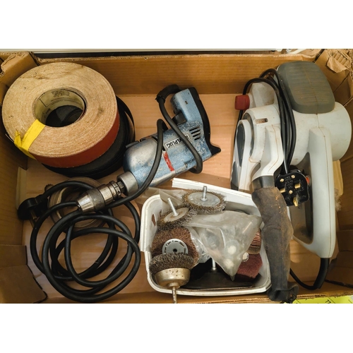 70 - A hand sander and belts, rawl plug drill, wire brushes etc.