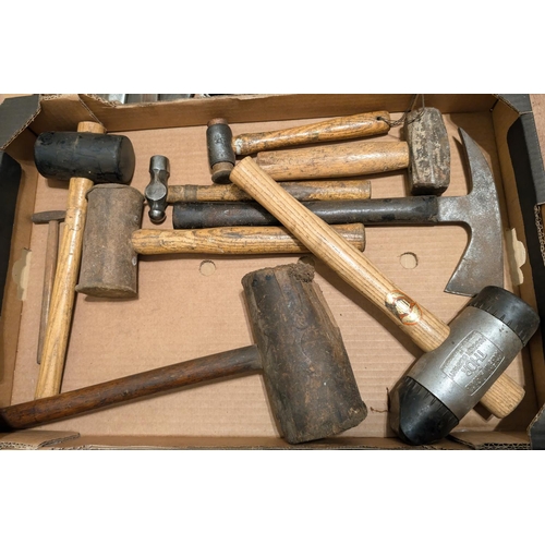 72 - A Thor bull nose end rubber hammer, other hammers, stapling hammers, an axe etc.