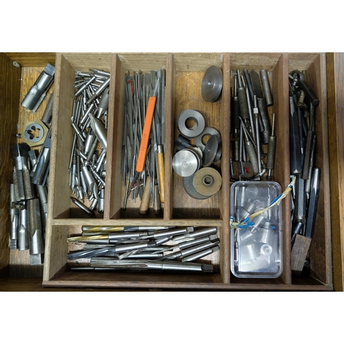 96 - A collection of taps, dies, reamers, fine files, chisels, punches, various sizes etc.