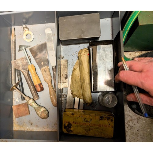 147 - A workshop cabinet containing five sets of letter punches, Stanley plane etc.