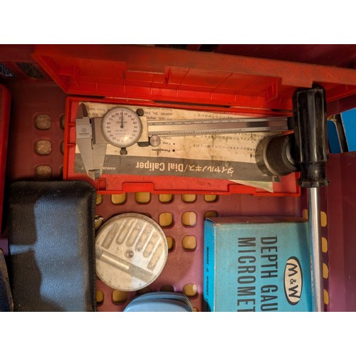 53 - A selection of tools, depth gauges microntes, dial calipers etc.