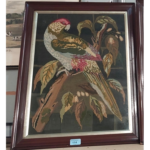 114 - VICTORIAN woolwork pictures, 2 ornamental birds, executed by sisters Marhan Ann and Ellen Stott, Sha... 