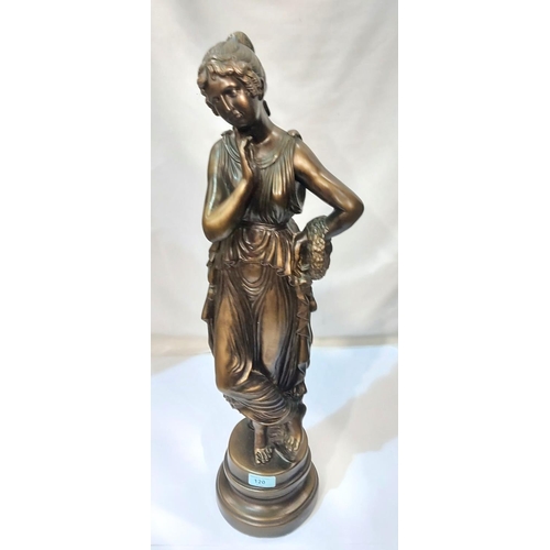 120 - A bronzed statue depicting a young woman in classical dress, ht. 65cm