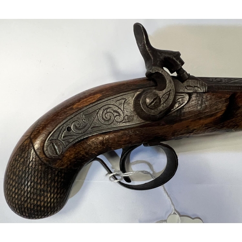 170 - A reproduction English pocket pistol with double cocking movement etched barrel , hatched grip, 20cm