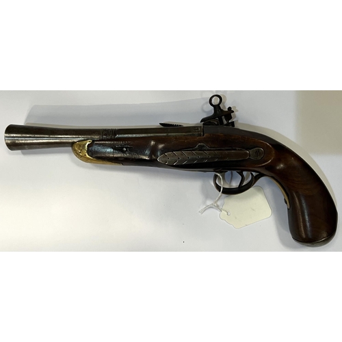 172 - An antique style flintlock pistol in the Spanish Micolay manner with cocking movement, brass fitting... 