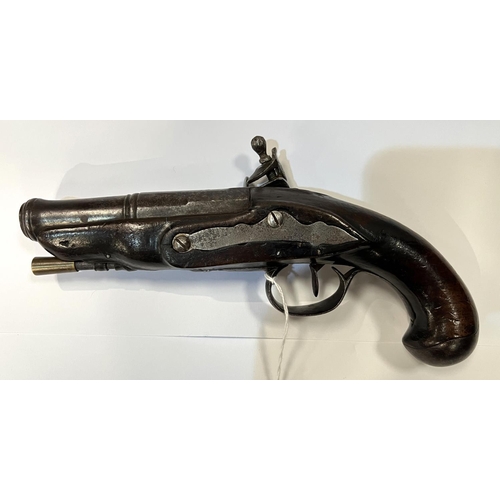 173 - An antique short barrel pistol with later additions, with cocking action, silvered fittings, shaped ... 