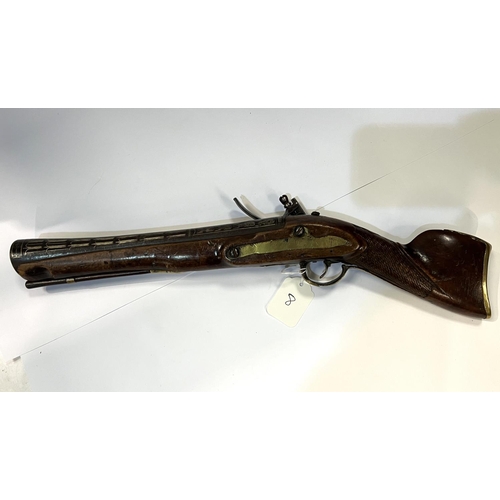 174 - A possibly Turkish? blunderbuss flintlock long pistol with silvered barrel, brass fittings and hatch... 