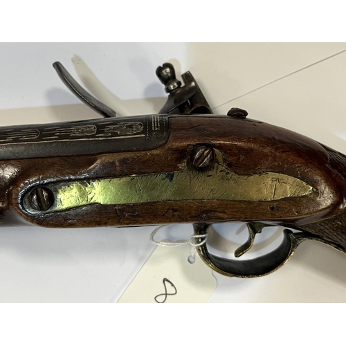 174 - A possibly Turkish? blunderbuss flintlock long pistol with silvered barrel, brass fittings and hatch... 