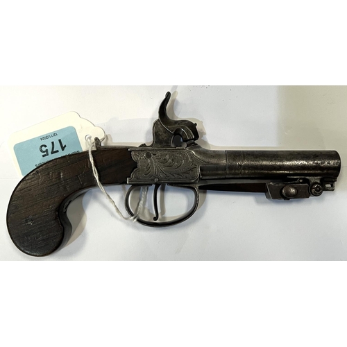 175 - An English box lock pocket pistol with spring bayonet, etched deatail, removable barrel, length 18.5... 