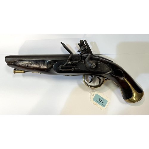 179 - A double barrelled percussion pistol, double cocking movement, unmarked plates, brass fittings numbe... 