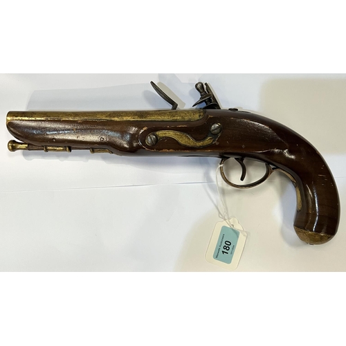 180 - A reproduction flintlock pistol with double cocking movement, lock plate stamped Ketland, with brass... 