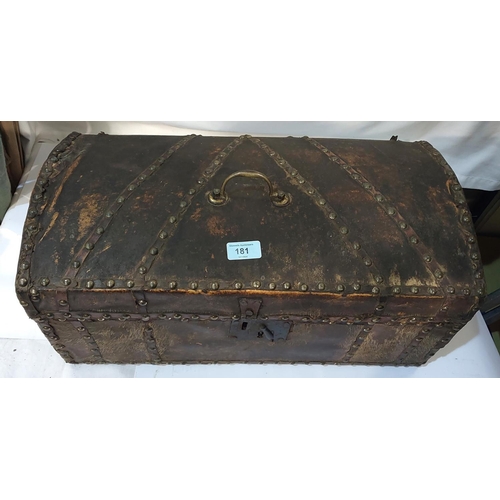 181 - A small brass studded dome top box, length 52cm; a collection of late 19th/early 20th Century photog... 