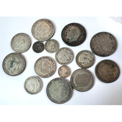 323 - GB pre '47 silver coins, 130gm and pre '20 silver coins, 59gm, a selection of coins, 3 old tokens.