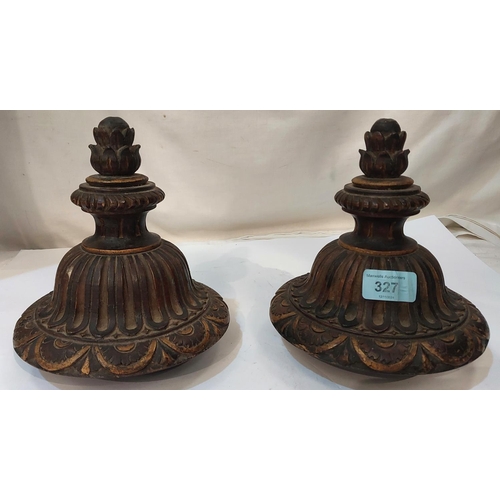 327 - A pair of 19th century carved walnut and paired gilt carved with pinecone finial 