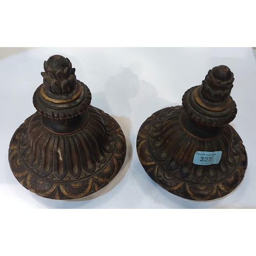 327 - A pair of 19th century carved walnut and paired gilt carved with pinecone finial 