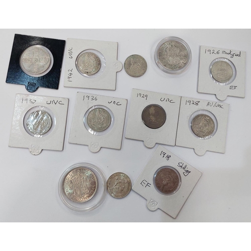 336 - A selection of GB pre 1947 silver coins in higher grade.