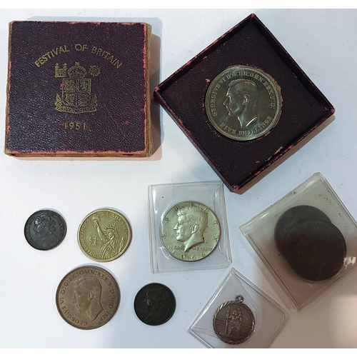 340 - A US Kennedy half dollar 1966, a silver medallion, two farthings 1886 & 1891 and other coins.