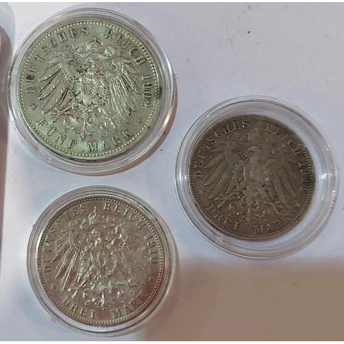 349 - An 1899 Wilhelm II five marks, and another 1902, two 3 mark coins, 1910 and 1914.