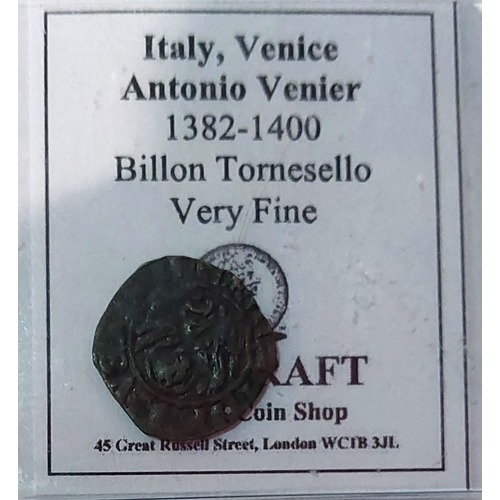 350 - An 1884 1/-, 1724 1/4d, 1806 1/4d, and Italian billon Tomaselli 1382-1400, and an Indian Coorg gold ... 