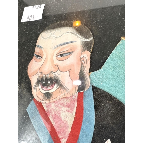 401 - Eight early 20th century Chinese 3 dimensional silk and water colour pictures of various characters ... 