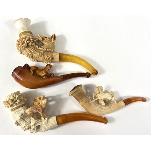 41 - 4 cased Meerschaum and amber pipes depicting a stag on a cliff; a reclining horse (head chipped), re... 